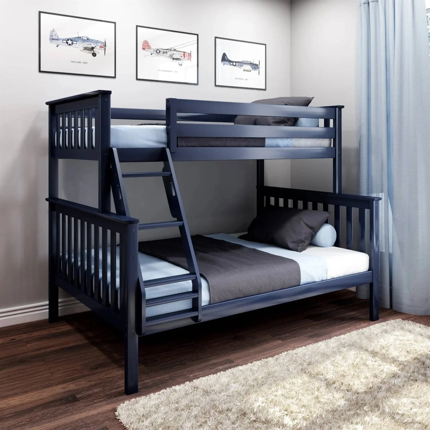 Twin over Full size Solid Wood Bunk Bed in Dark Navy Blue Finish - Image 4