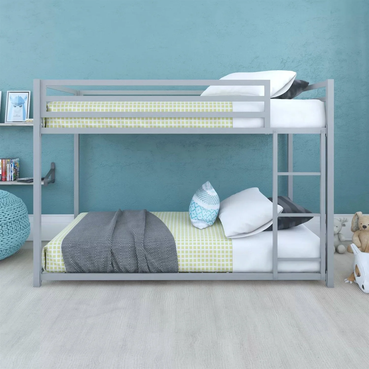 Twin over Twin size Modern Low Height Silver Grey Metal Bunk Bed - Image 2