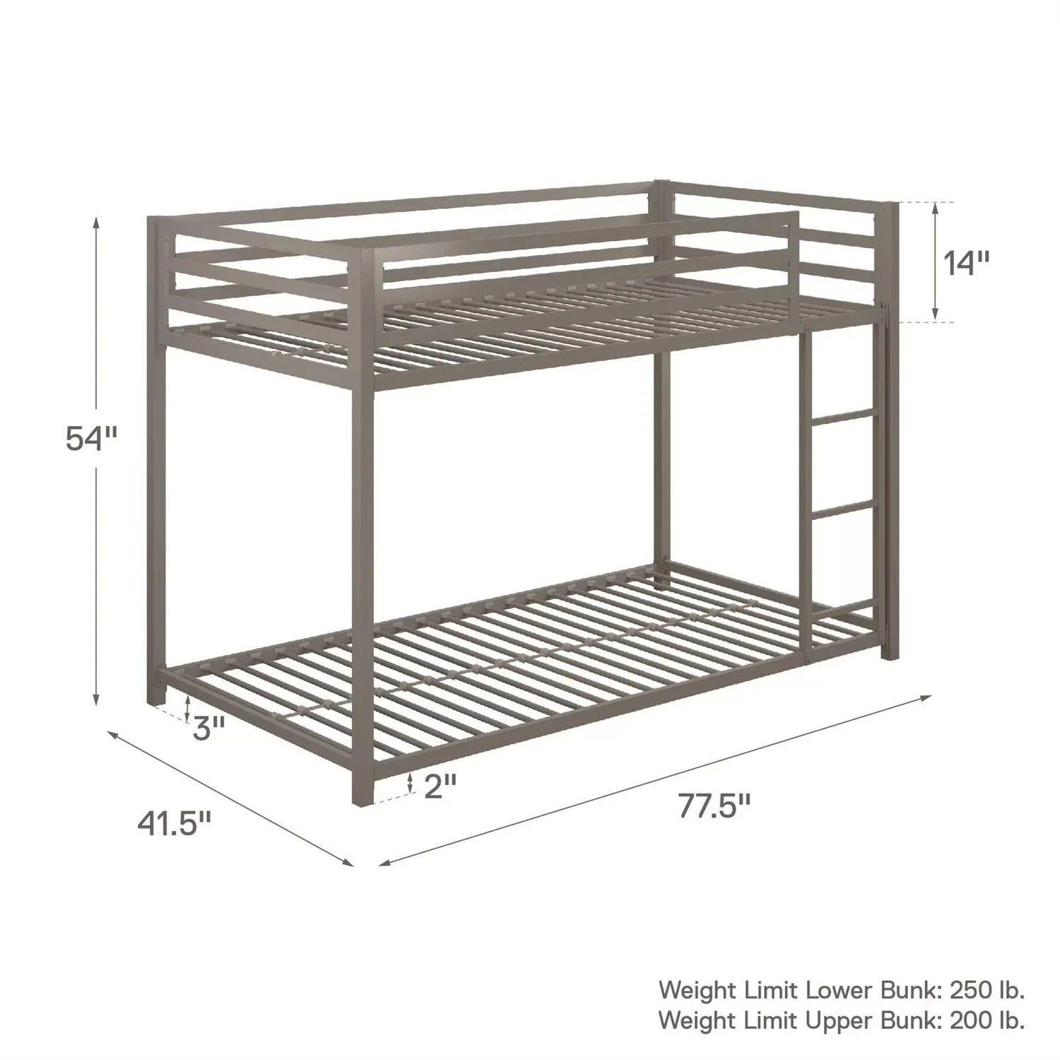 Twin over Twin size Modern Low Height Silver Grey Metal Bunk Bed - Image 5