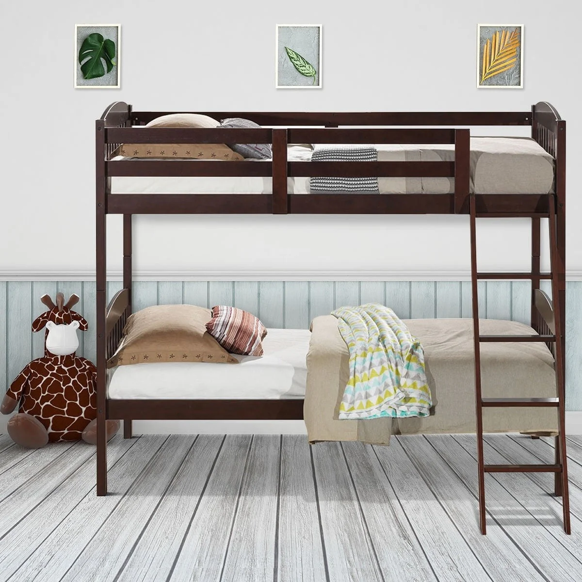 Twin over Twin Wooden Bunk Bed with Ladder in Dark Brown Finish - Image 2