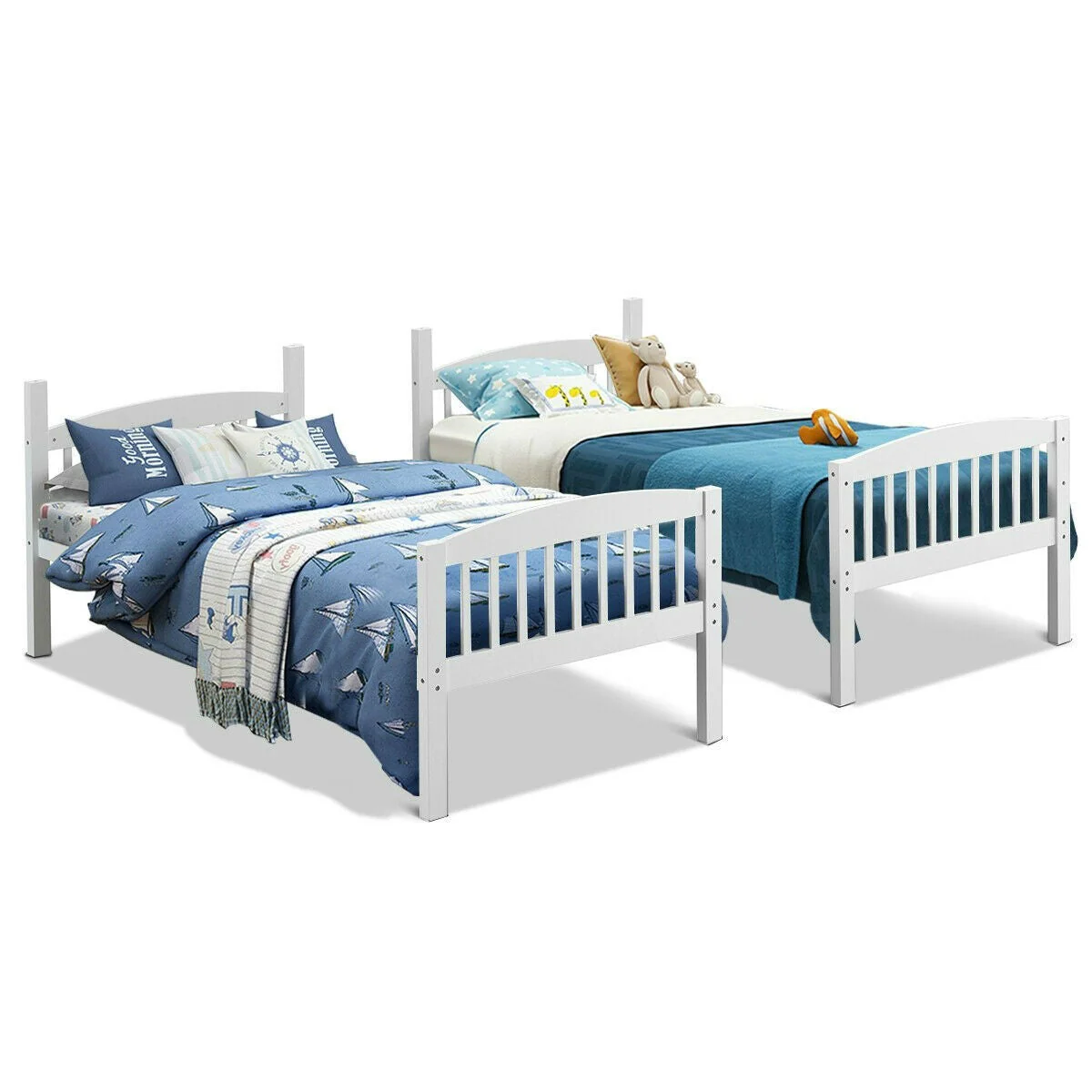 Twin over Twin Wooden Bunk Bed with Ladder in White Wood Finish - Image 2