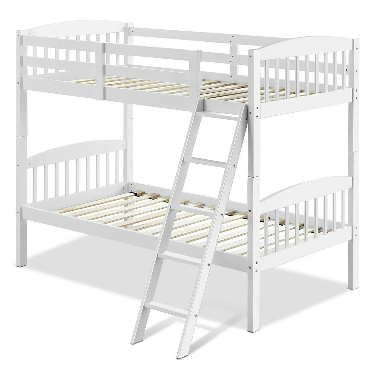 Twin over Twin Wooden Bunk Bed with Ladder in White Wood Finish - Image 3