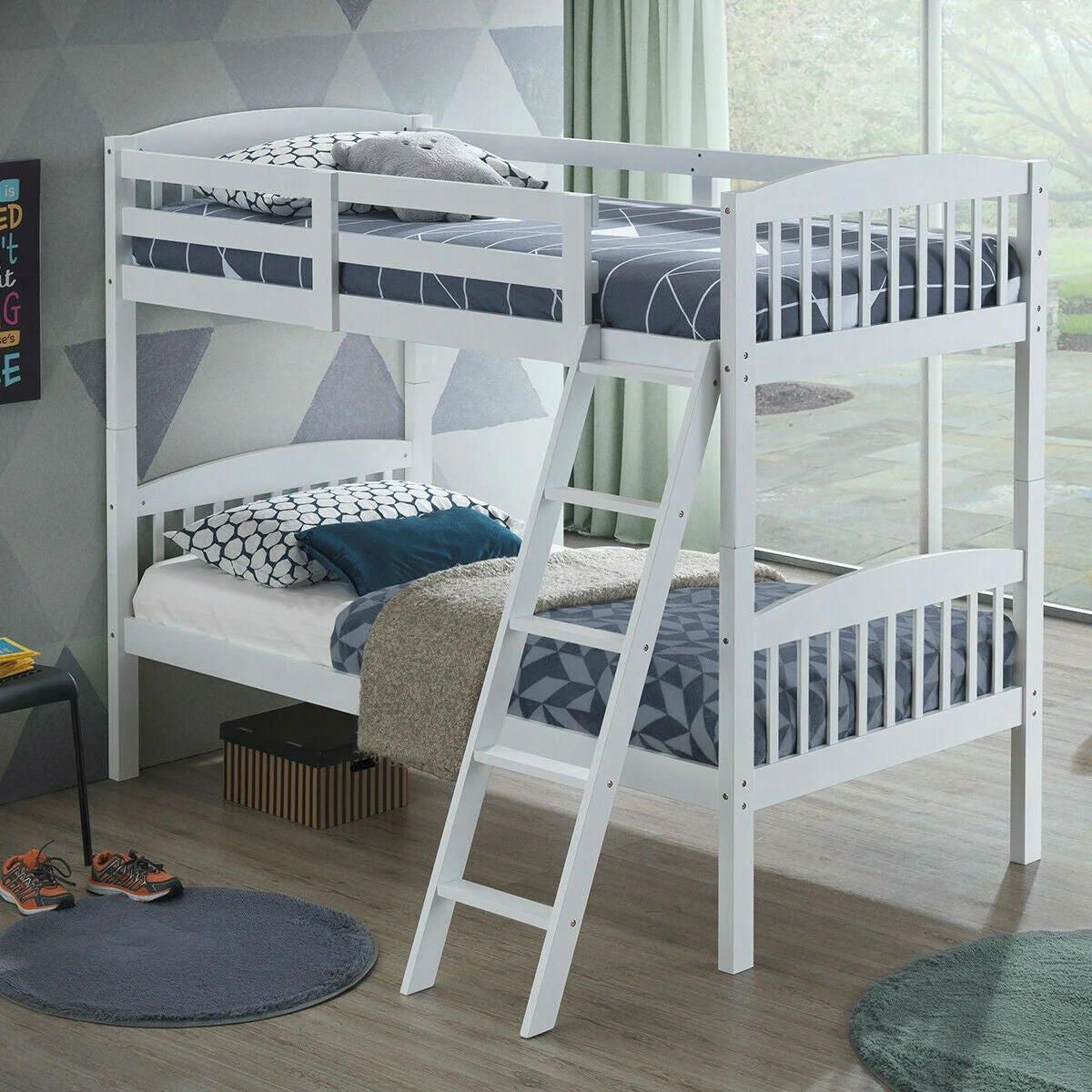 Twin over Twin Wooden Bunk Bed with Ladder in White Wood Finish - Image 4