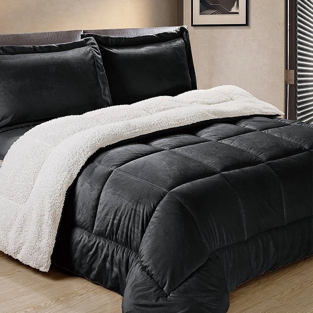 Twin Size 2 Piece Ultra Soft Sherpa Wrinkle Resistant Comforter Set in Black - Image 2