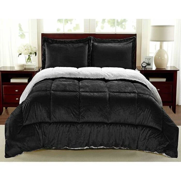 Twin Size 2 Piece Ultra Soft Sherpa Wrinkle Resistant Comforter Set in Black - Image 4