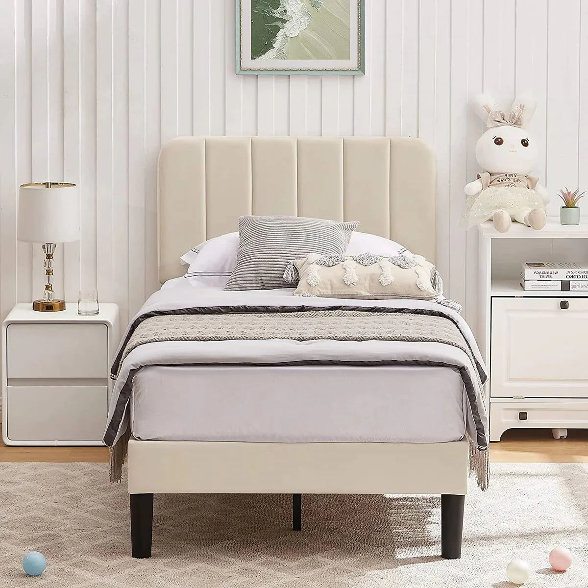Twin size Beige Upholstered Platform Bed Frame with Headboard - Image 2