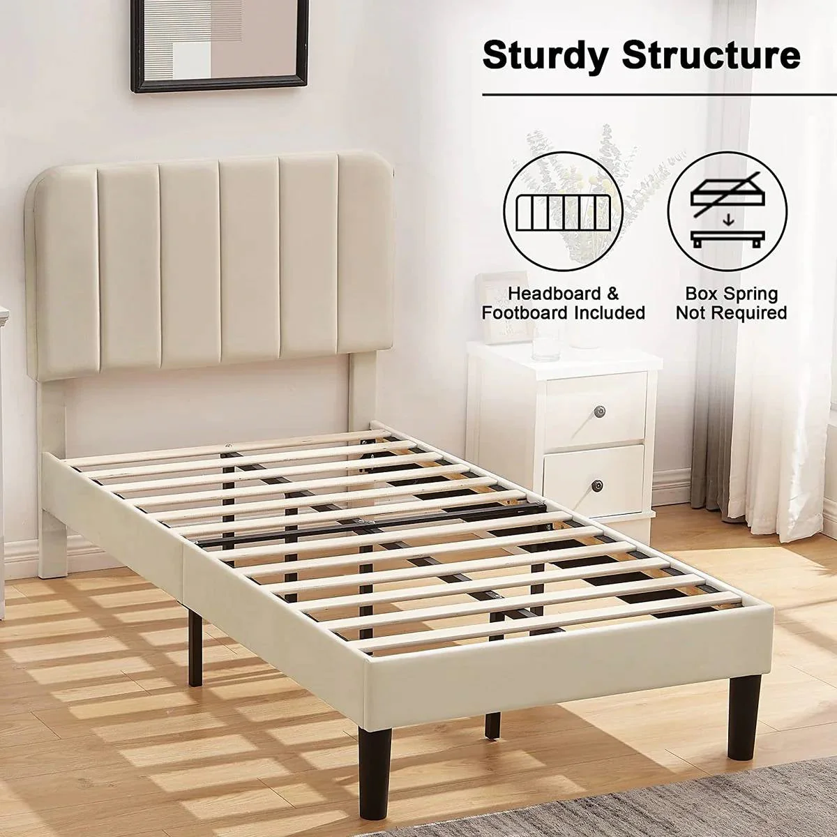 Twin size Beige Upholstered Platform Bed Frame with Headboard - Image 4