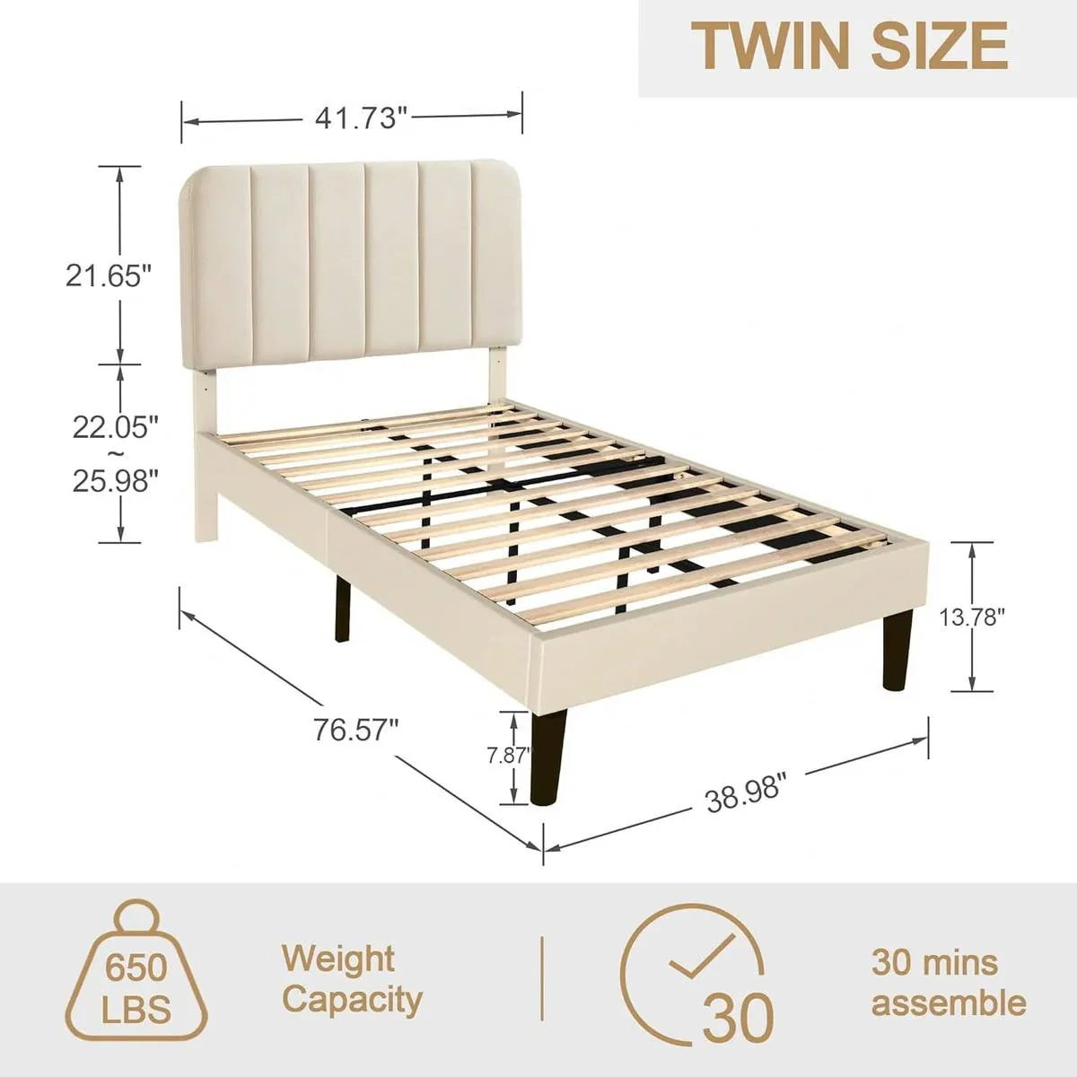 Twin size Beige Upholstered Platform Bed Frame with Headboard - Image 5
