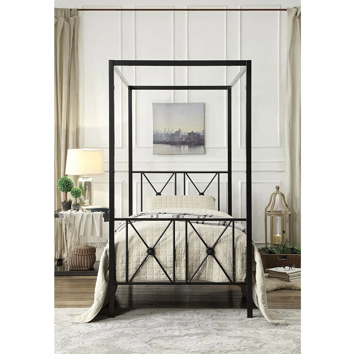 Twin size Black Metal Canopy Bed Frame with Medallion Accents - Image 3