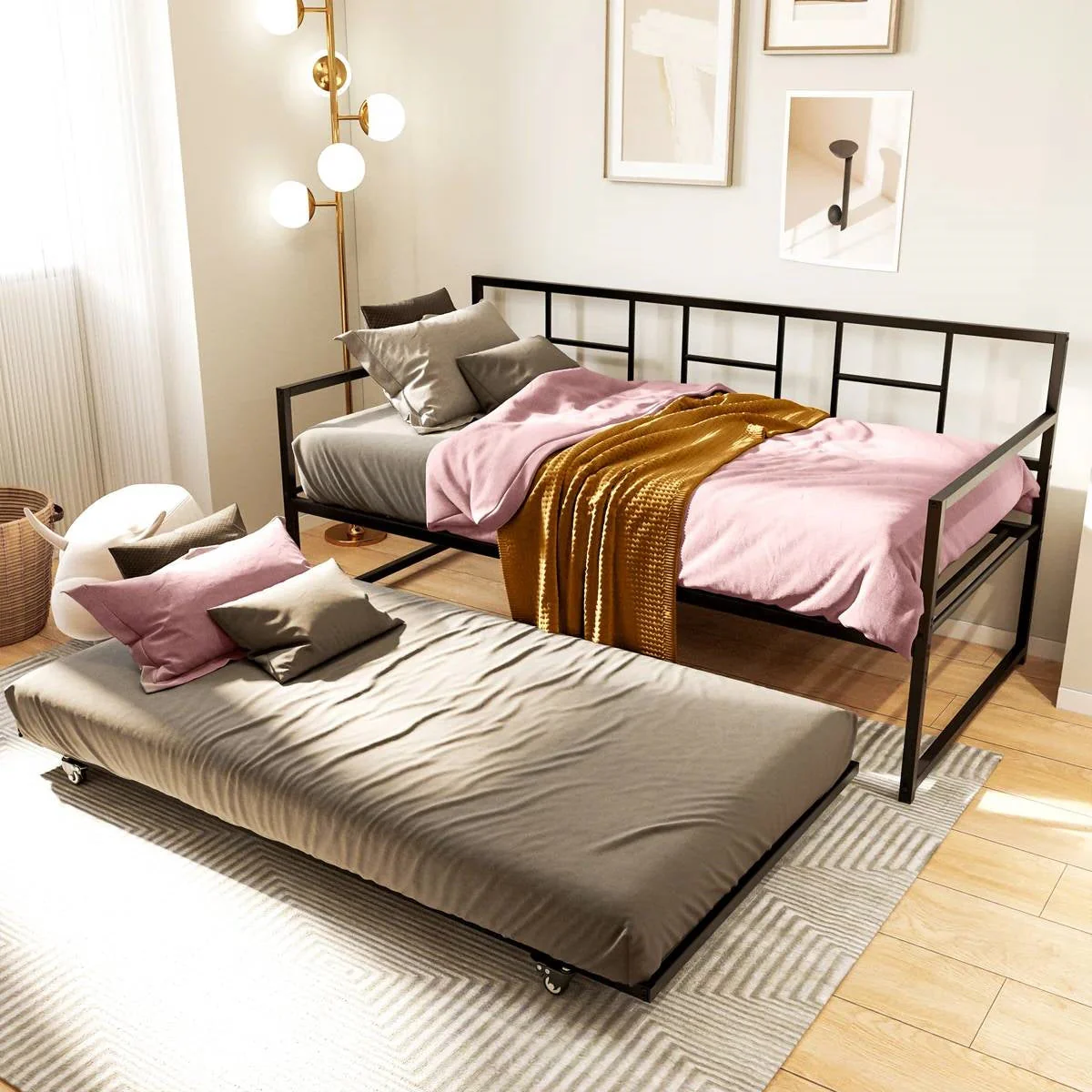 Twin size Black Metal Daybed Frame with Roll Out Trundle Bed Frame - Image 2