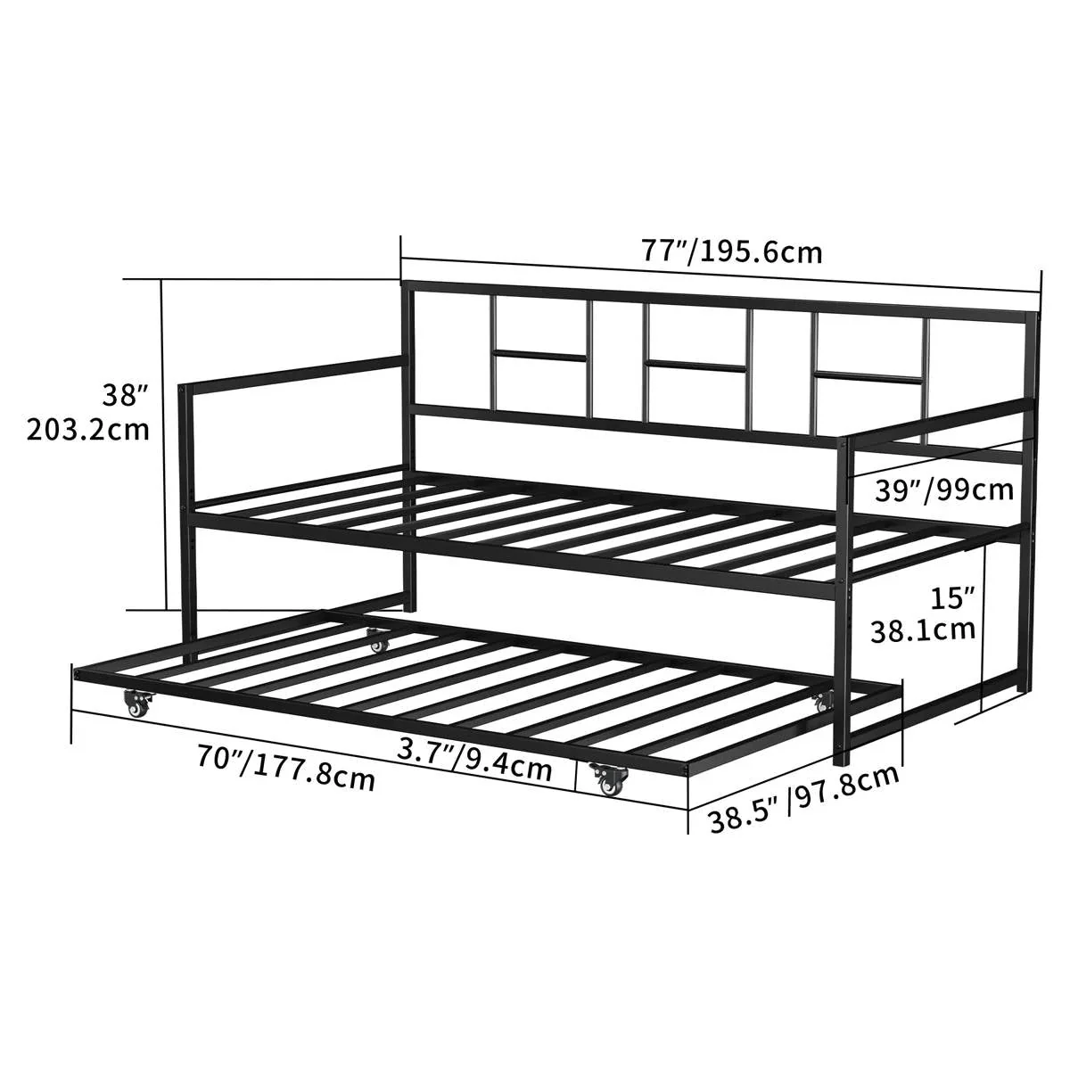 Twin size Black Metal Daybed Frame with Roll Out Trundle Bed Frame - Image 5