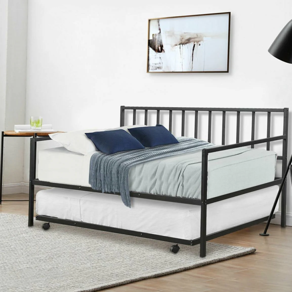 Twin size Black Metal Daybed with Roll-out Trundle Bed Frame - Image 3