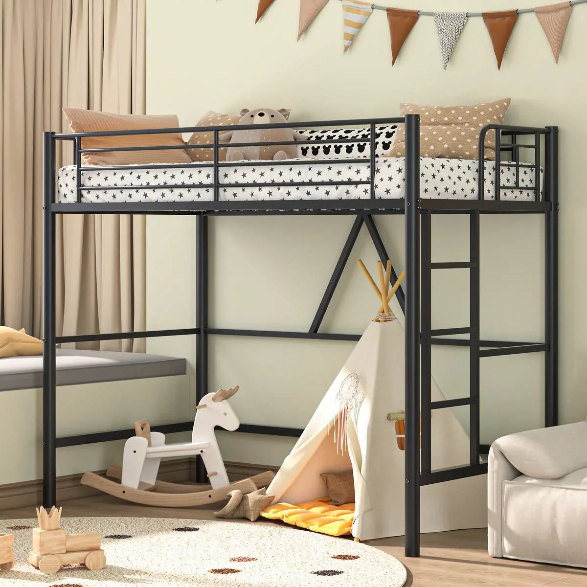 Twin size Black Metal Loft Bed Frame with Ladder - Space Saving Design - Image 3