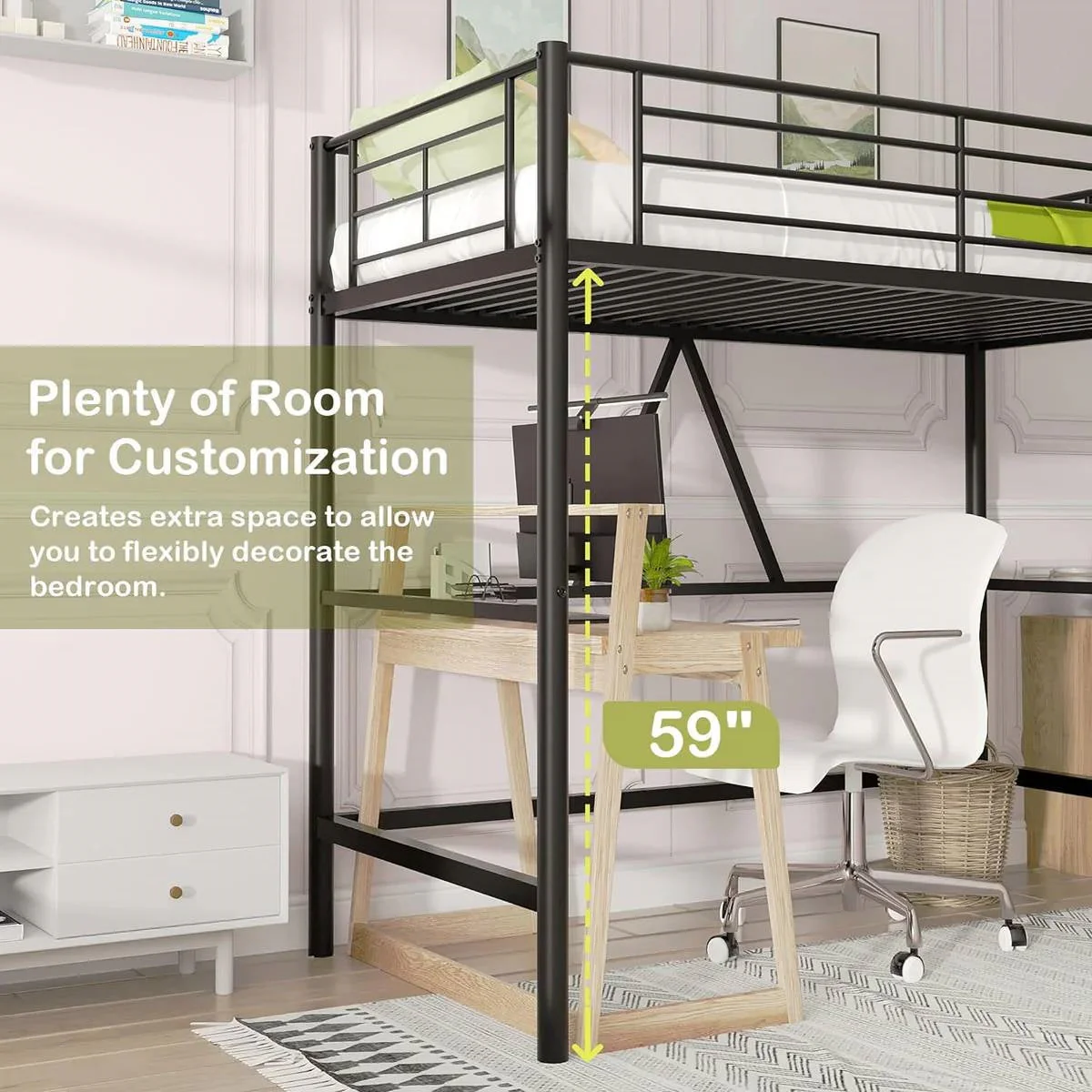 Twin size Black Metal Loft Bed Frame with Ladder - Space Saving Design - Image 4