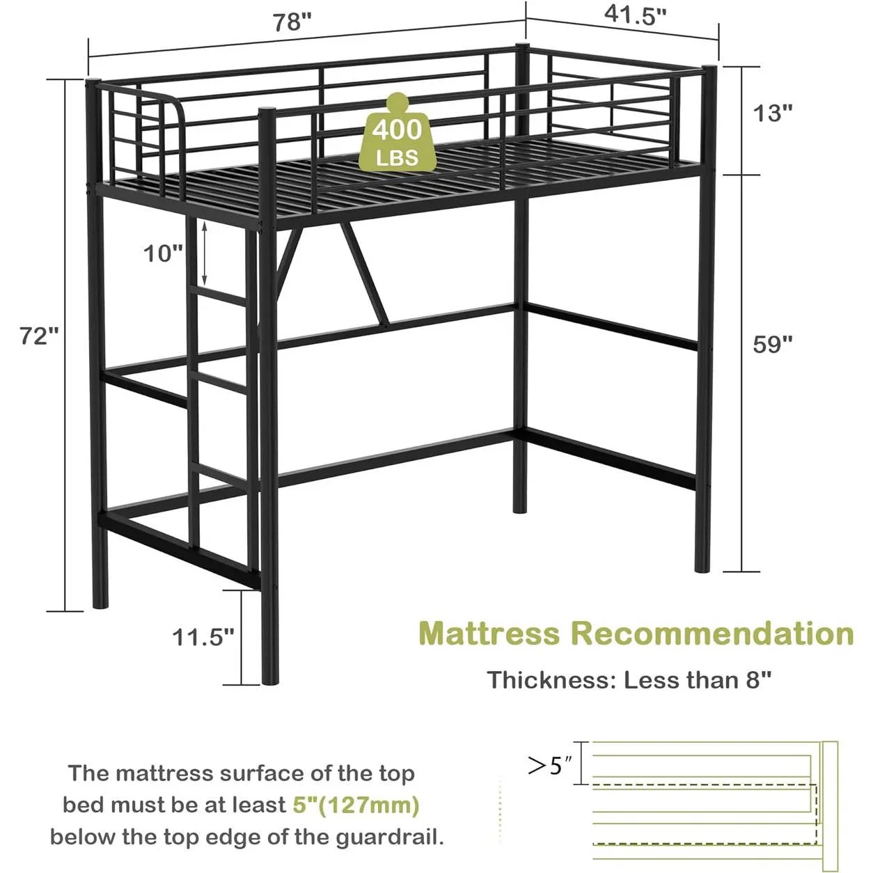 Twin size Black Metal Loft Bed Frame with Ladder - Space Saving Design - Image 5