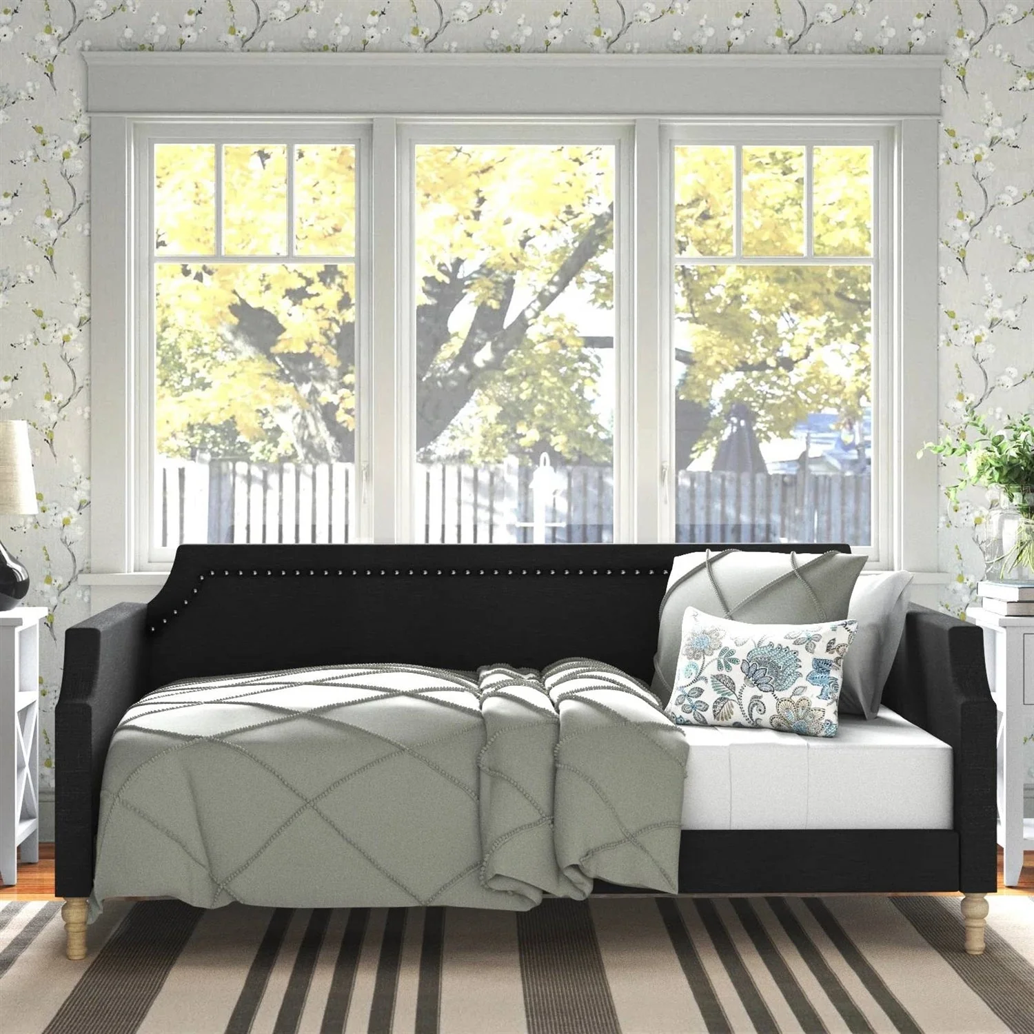 Twin size Black Polyester Fabric Upholstered Daybed with Nailhead Trim - Image 4
