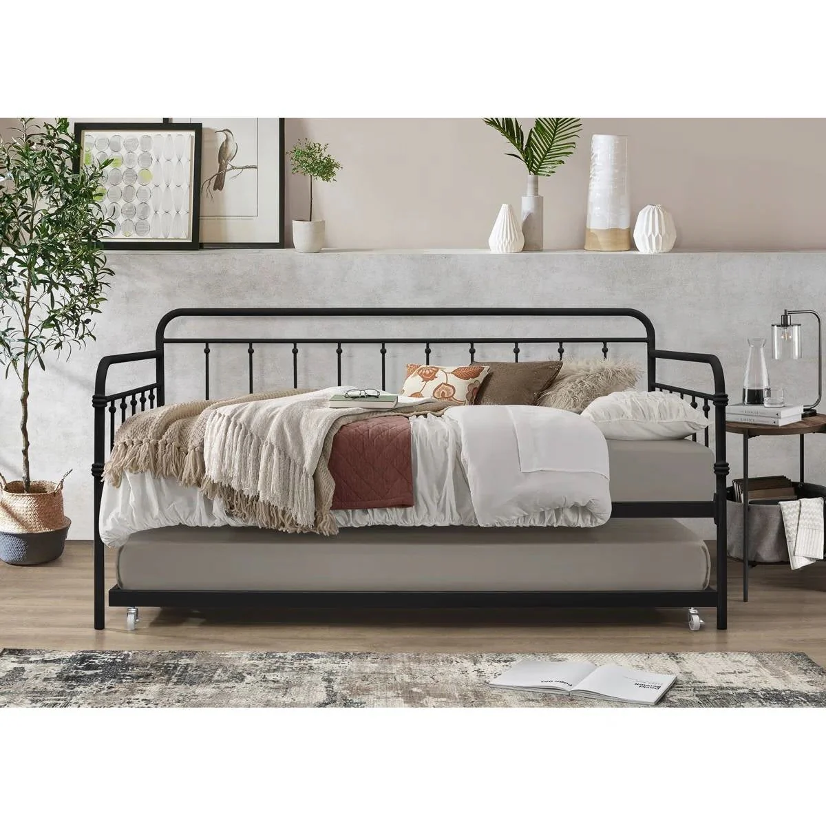 Twin size Black Rounded Iron Daybed with Roll Out Trundle Bed Frame - Image 2