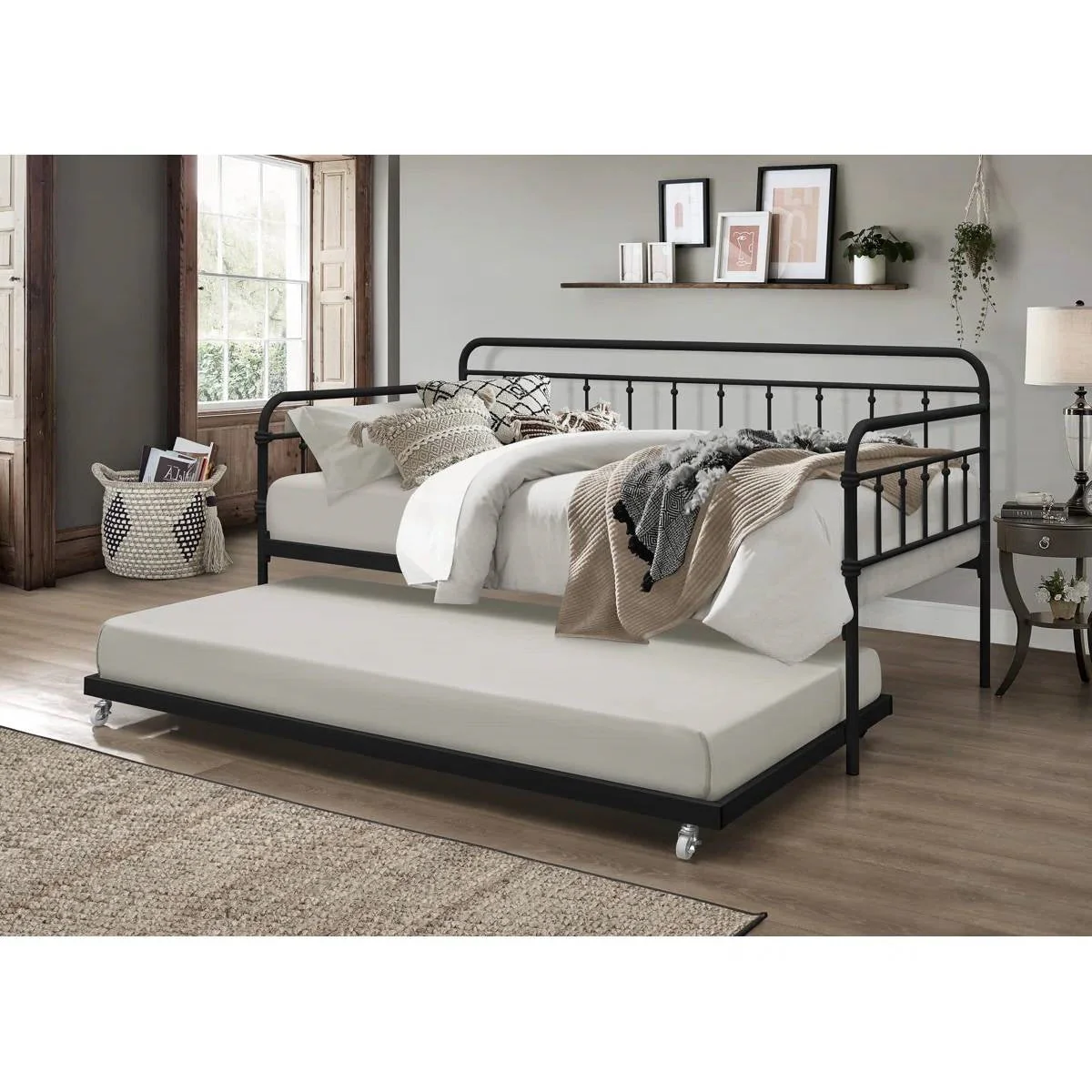 Twin size Black Rounded Iron Daybed with Roll Out Trundle Bed Frame - Image 3