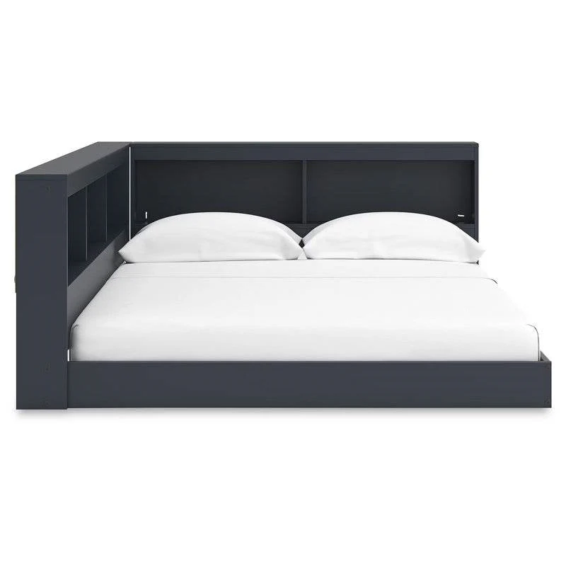 Twin size Blue Wooden Corner Storage Bed with Bookcase Headboard and USB Ports - Image 2