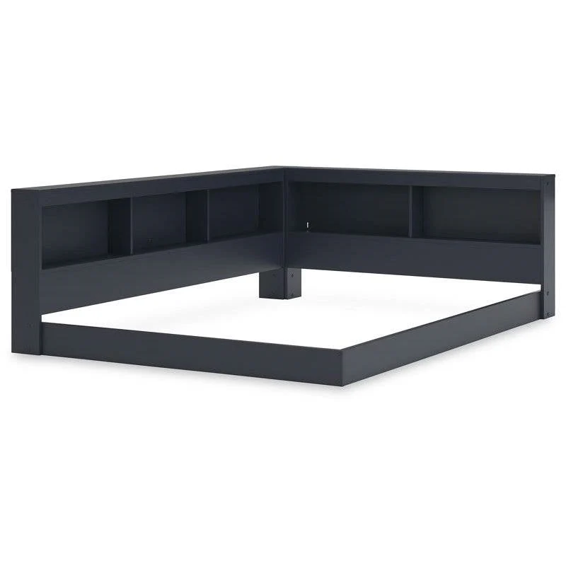 Twin size Blue Wooden Corner Storage Bed with Bookcase Headboard and USB Ports - Image 4
