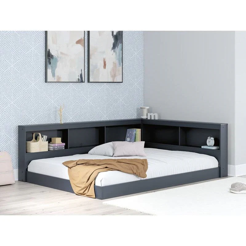 Twin size Blue Wooden Corner Storage Bed with Bookcase Headboard and USB Ports - Image 5