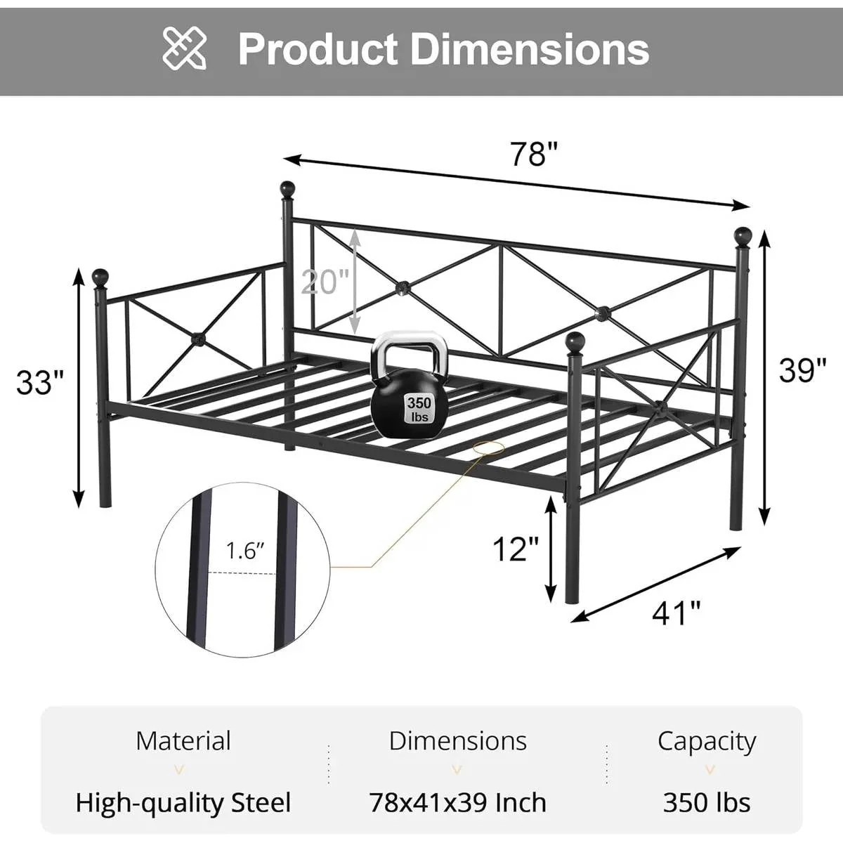 Twin size Classic Heavy Duty Metal Day Bed Frame in Black Finish - Image 5