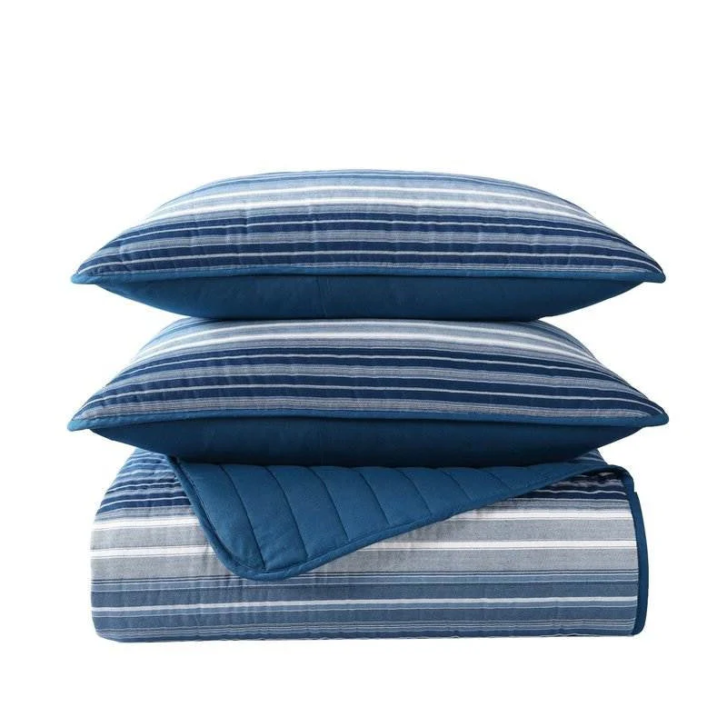 Twin Size Coastal Blue Stripe Reversible  Cotton Quilt Set - Image 2