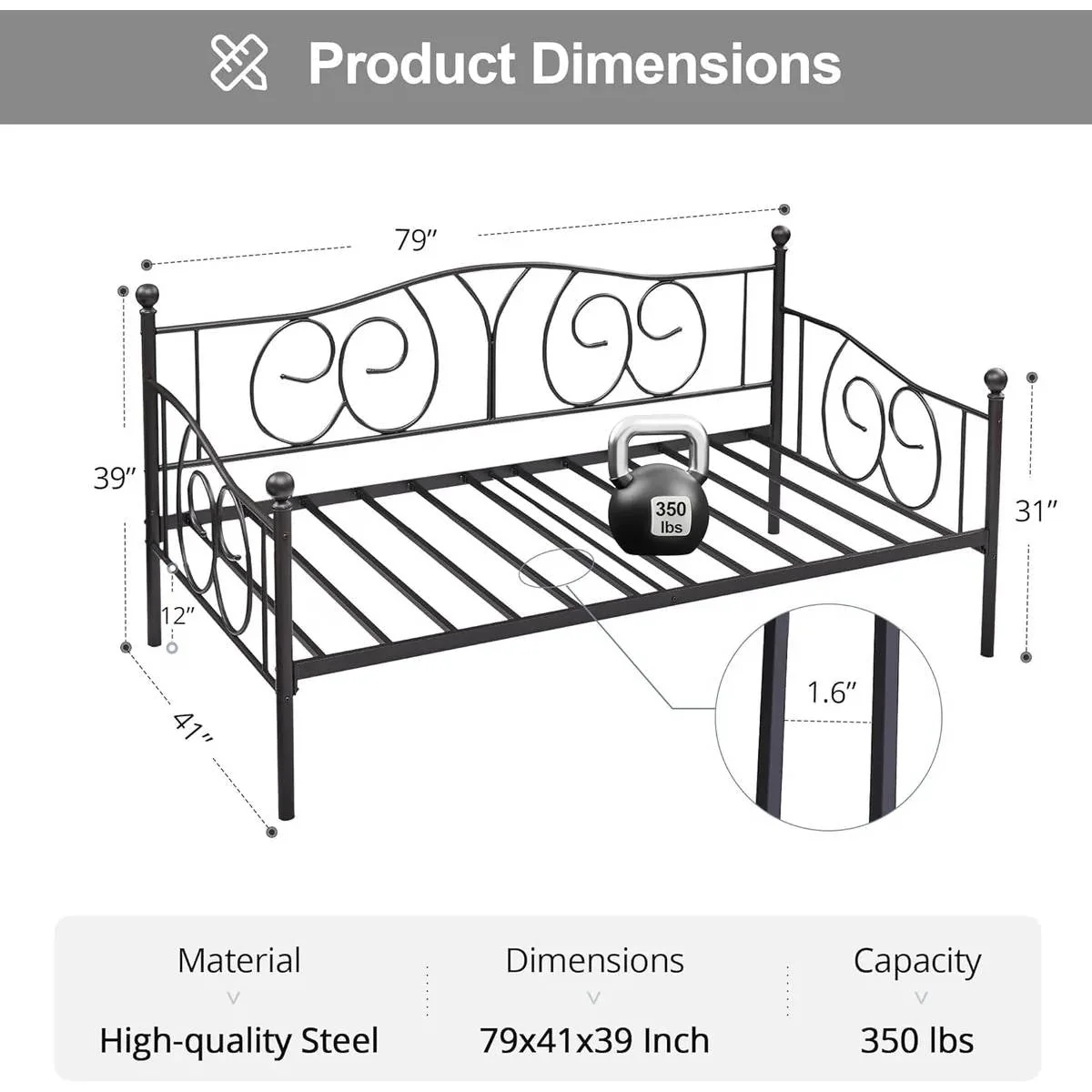 Twin size French Country Style Black Metal Day Bed Frame - Image 5