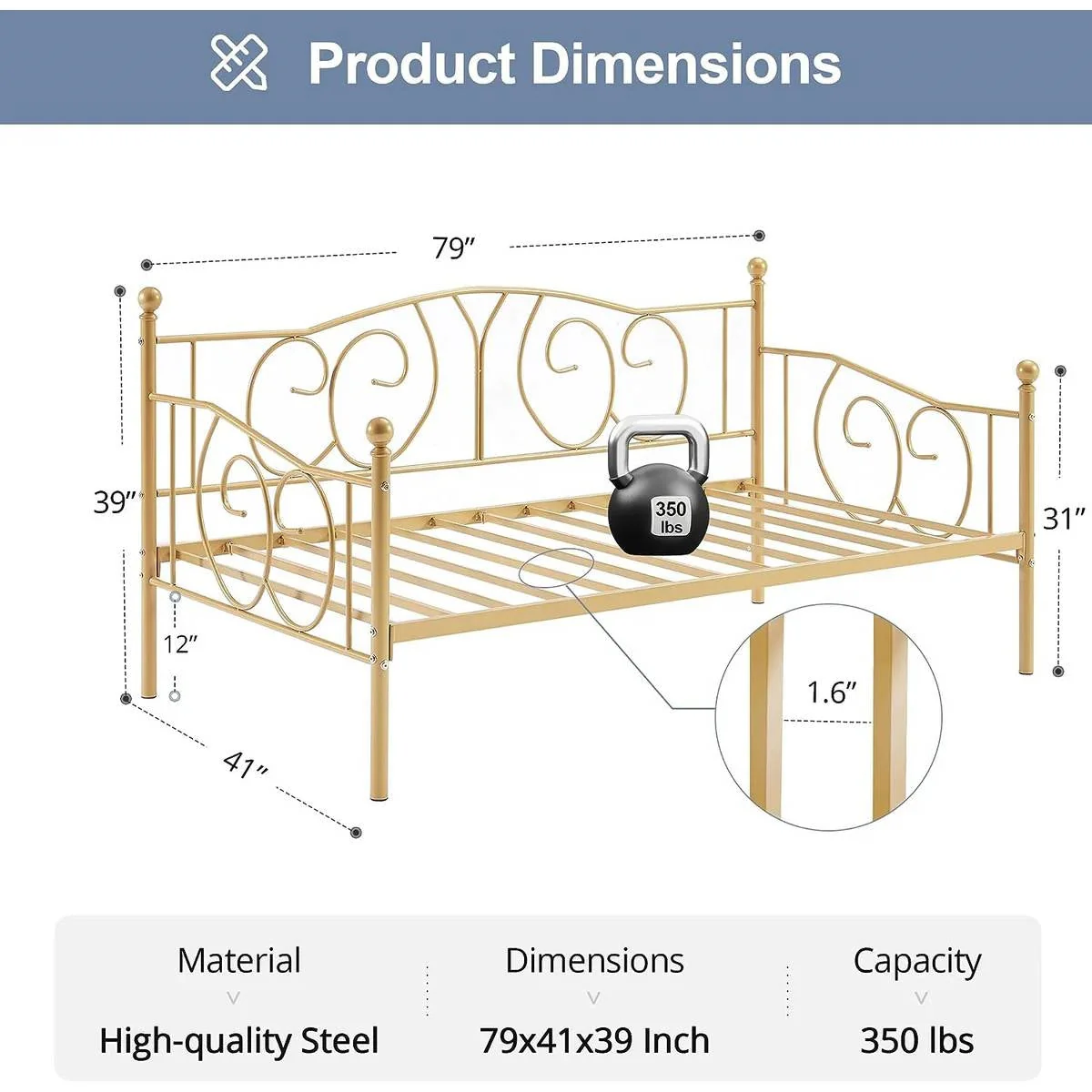 Twin size French Country Style Gold Metal Daybed Frame - Image 5