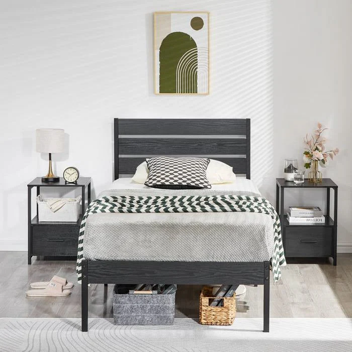 Twin size Industrial Platform Bed Frame with Wood Slatted Headboard in Black - Image 2