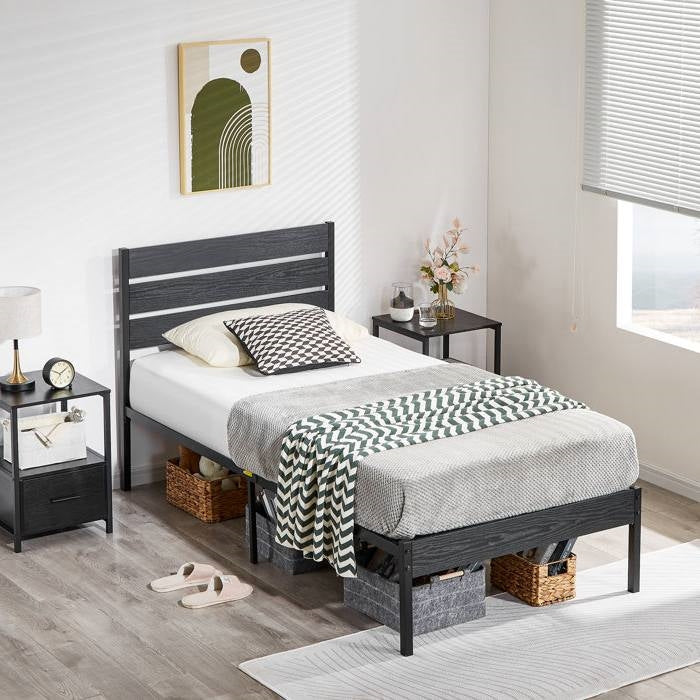 Twin size Industrial Platform Bed Frame with Wood Slatted Headboard in Black - Image 3