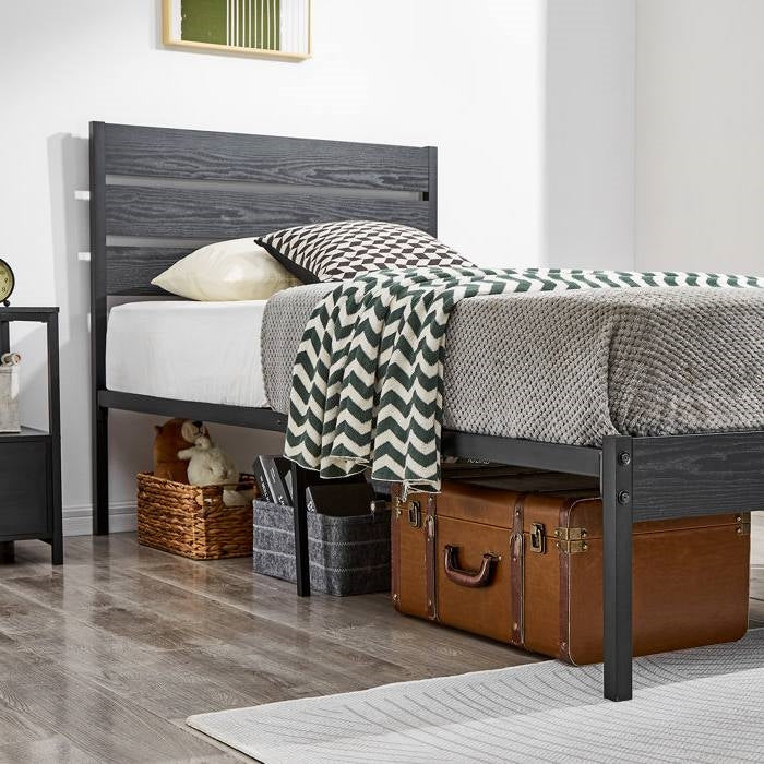 Twin size Industrial Platform Bed Frame with Wood Slatted Headboard in Black - Image 4
