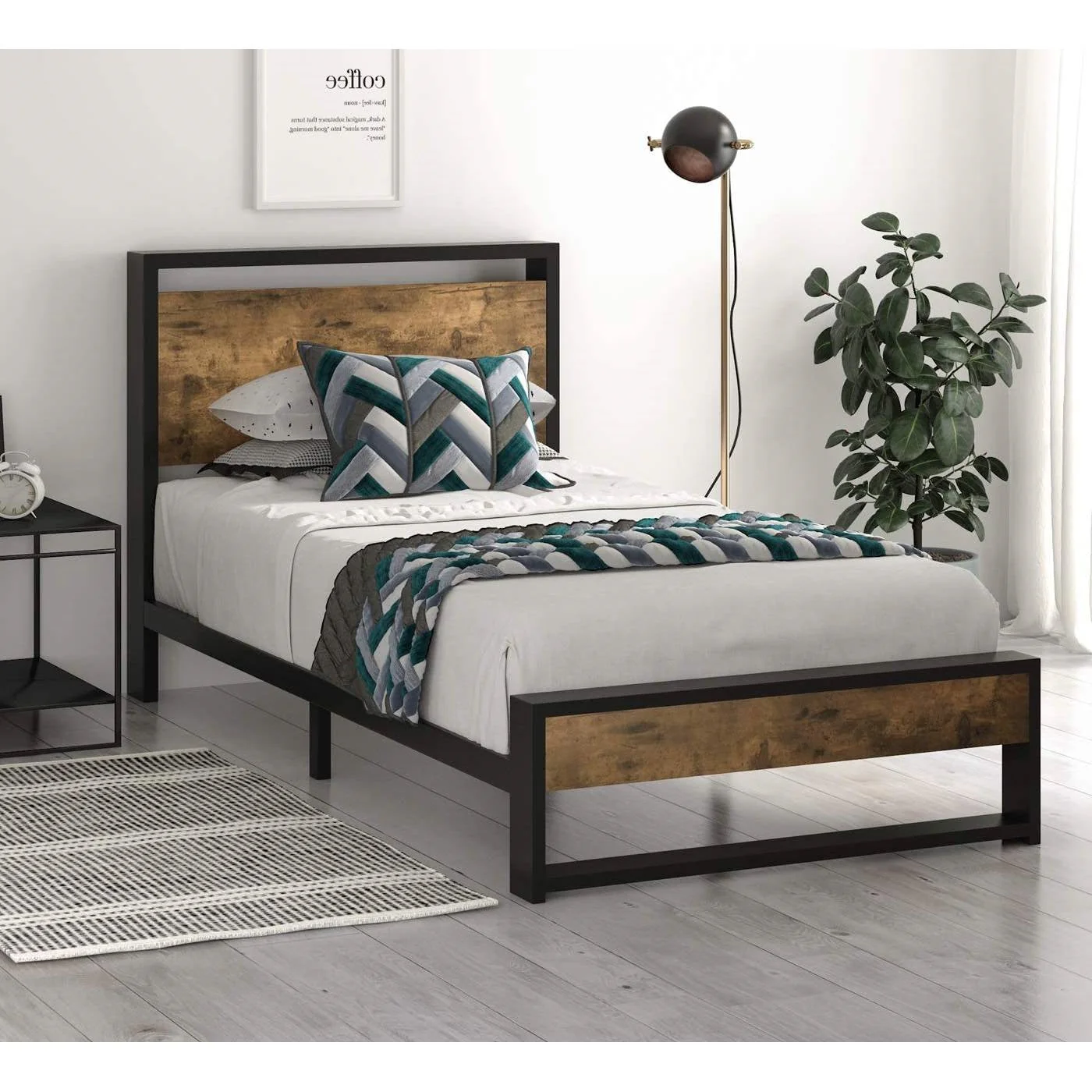 Twin size Metal Wood Platform Bed Frame with Industrial Headboard - Image 2