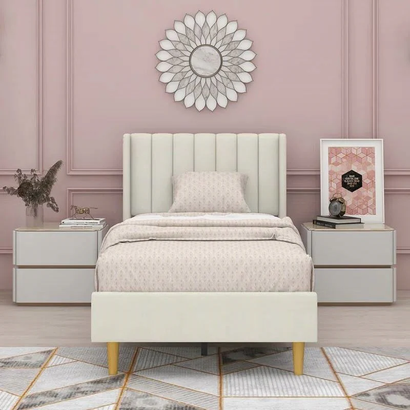 Twin size Mid-Century Platform Bed Frame with Cream Velvet Upholstered Headboard - Image 2