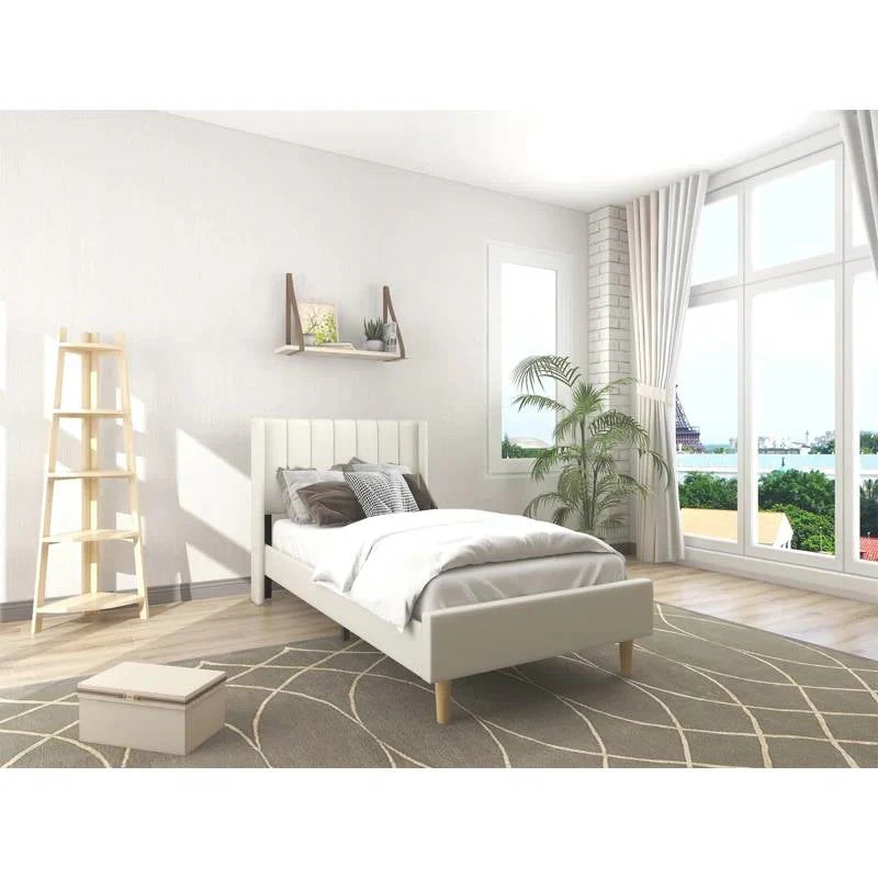 Twin size Mid-Century Platform Bed Frame with Cream Velvet Upholstered Headboard - Image 3