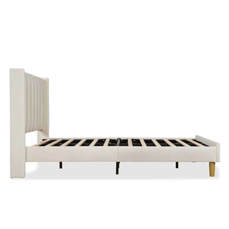 Twin size Mid-Century Platform Bed Frame with Cream Velvet Upholstered Headboard - Image 4