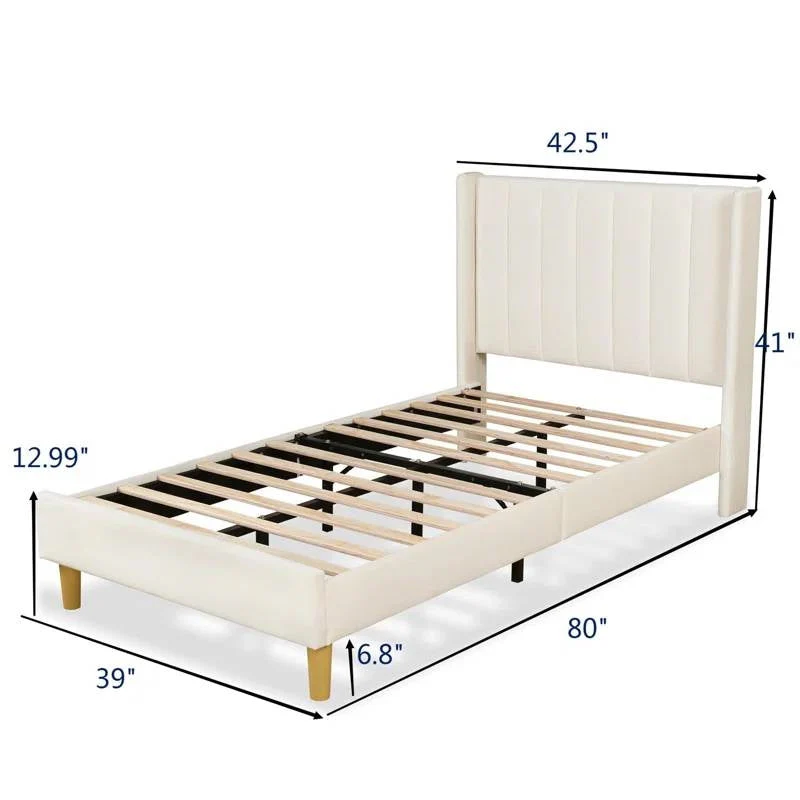 Twin size Mid-Century Platform Bed Frame with Cream Velvet Upholstered Headboard - Image 5