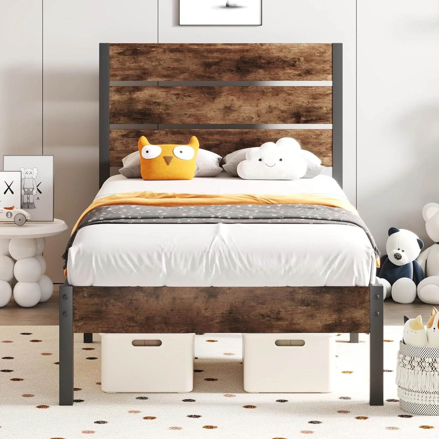 Twin size Modern Farmhouse Metal Platform Bed Frame with Brown Wood Headboard - Image 2