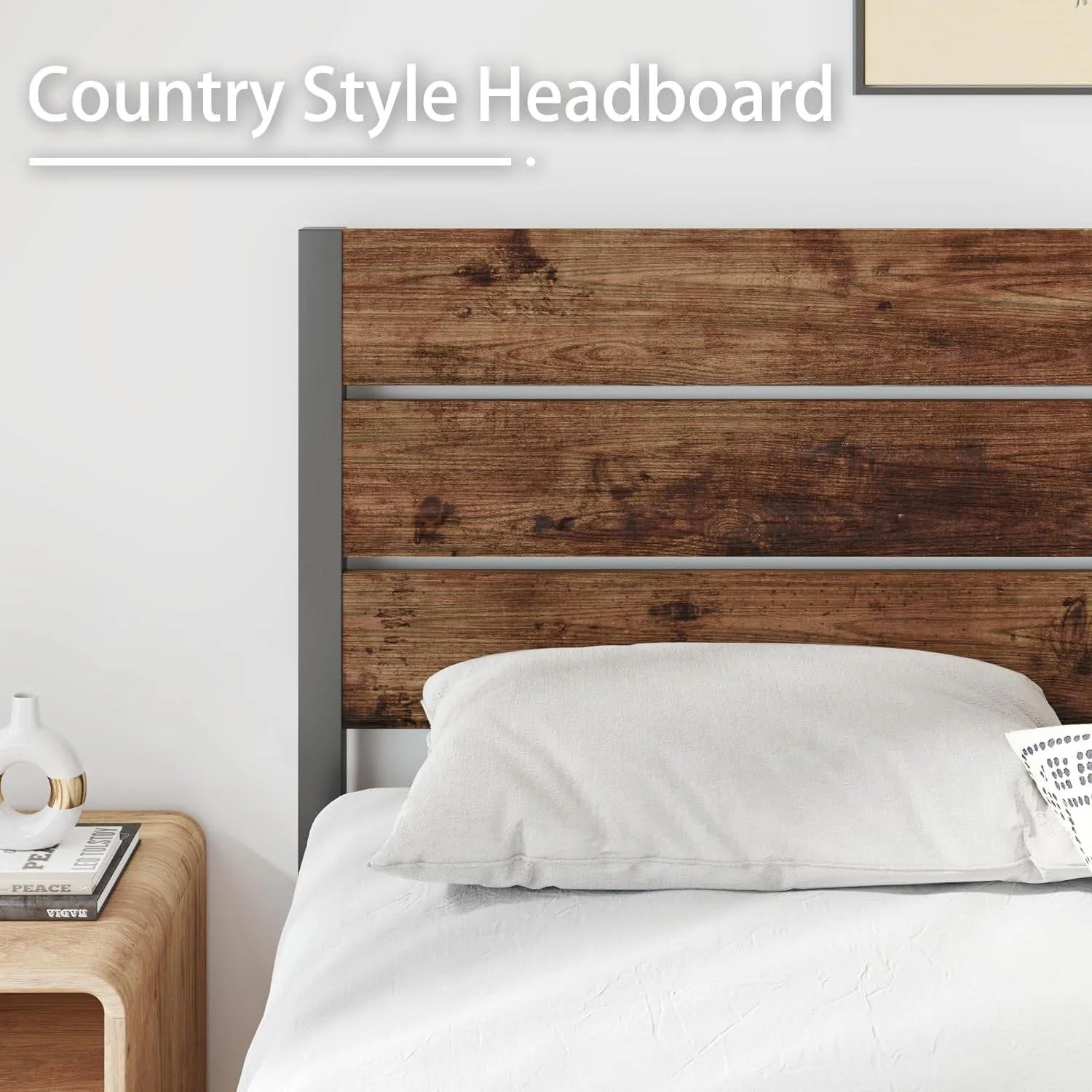Twin size Modern Farmhouse Metal Platform Bed Frame with Brown Wood Headboard - Image 4