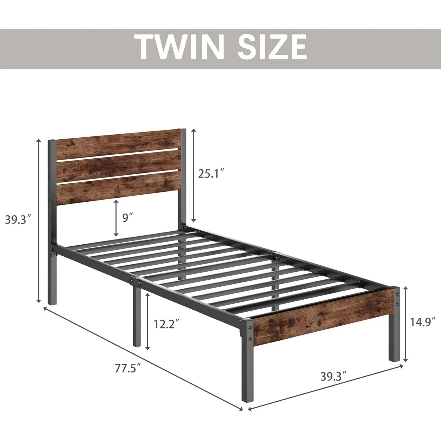 Twin size Modern Farmhouse Metal Platform Bed Frame with Brown Wood Headboard - Image 5