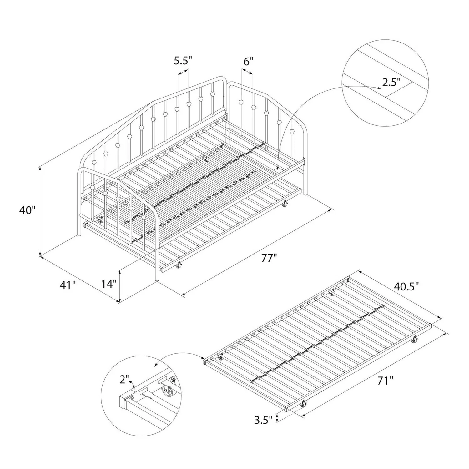 Twin size Modern Industrial Black Metal Daybed with Trundle Bed Frame - Image 5