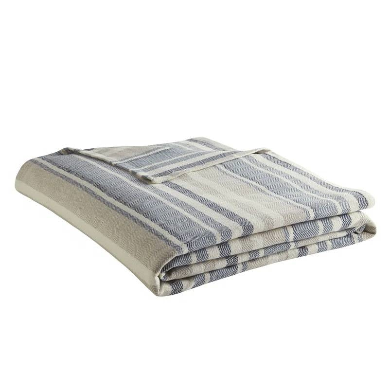 Twin size Navy Blue Tan Cream Chevron Stripe Lightweight Cotton Blanket - Image 2