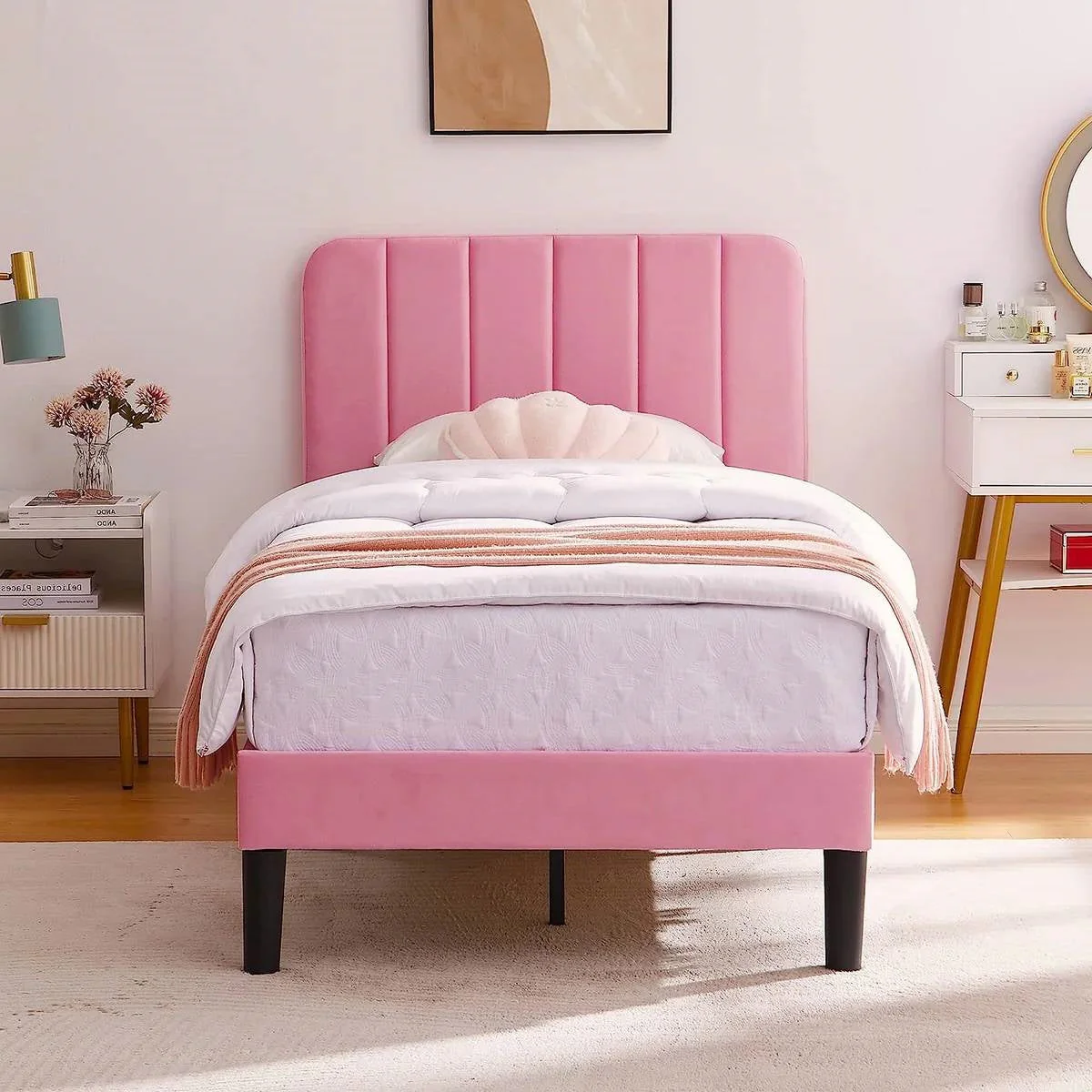 Twin size Pink Upholstered Platform Bed Frame with Headboard - Image 2