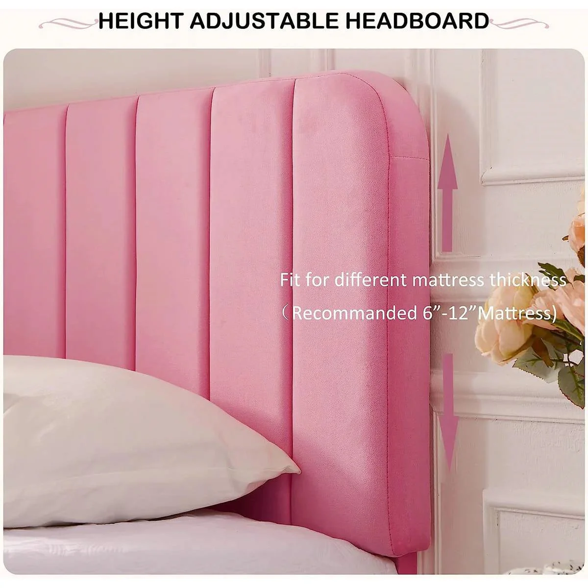 Twin size Pink Upholstered Platform Bed Frame with Headboard - Image 3