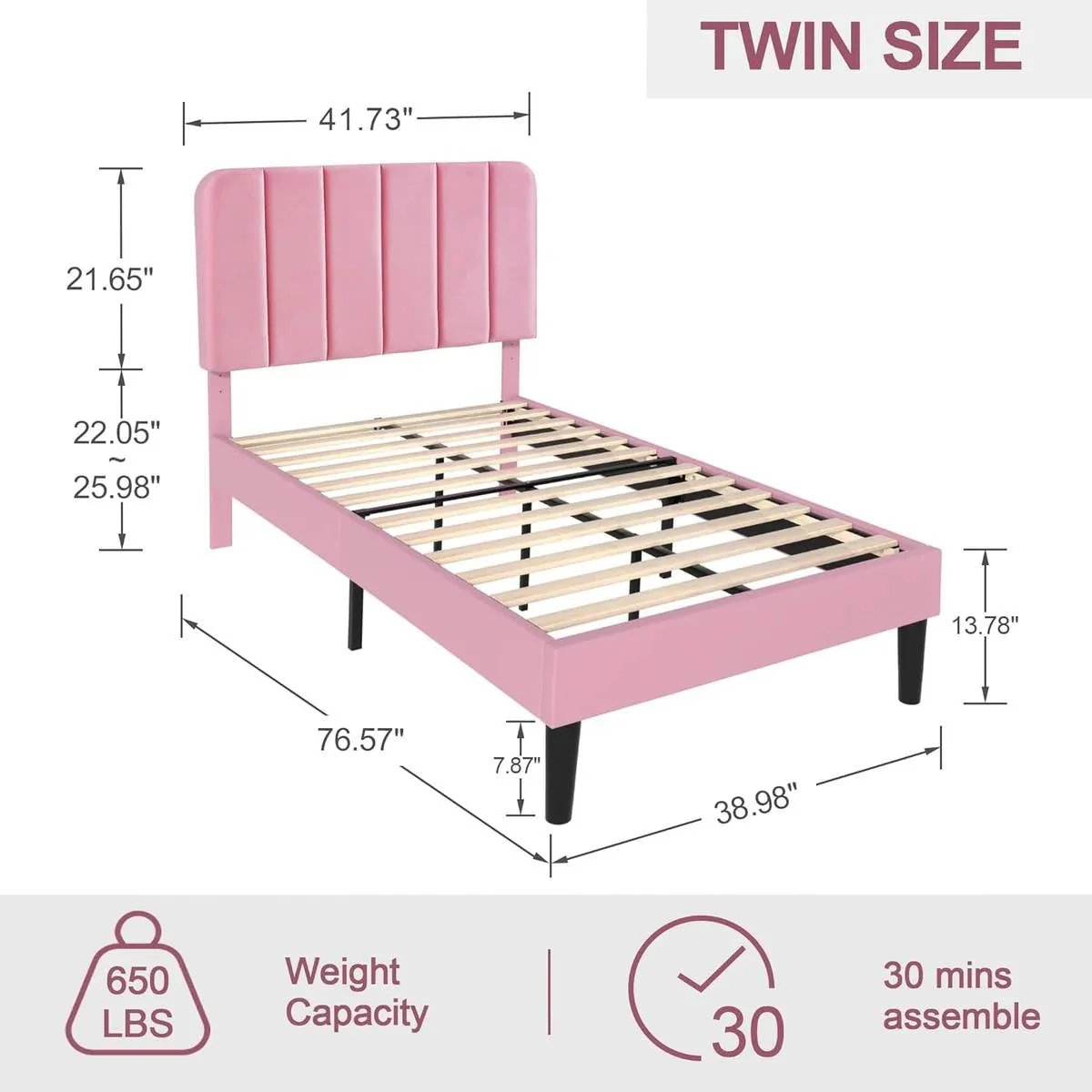Twin size Pink Upholstered Platform Bed Frame with Headboard - Image 5