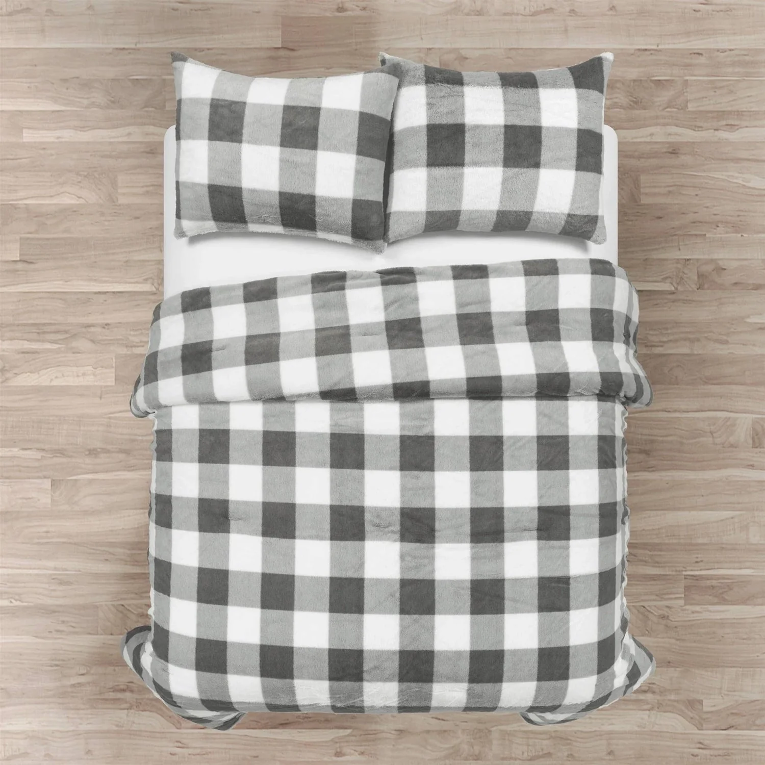 Twin Size Plaid Soft Faux Fur Comforter Set in Black White Grey - Image 2