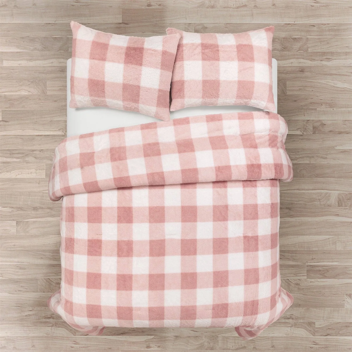 Twin Size Plaid Soft Faux Fur Comforter Set in Pink Blush - Image 2