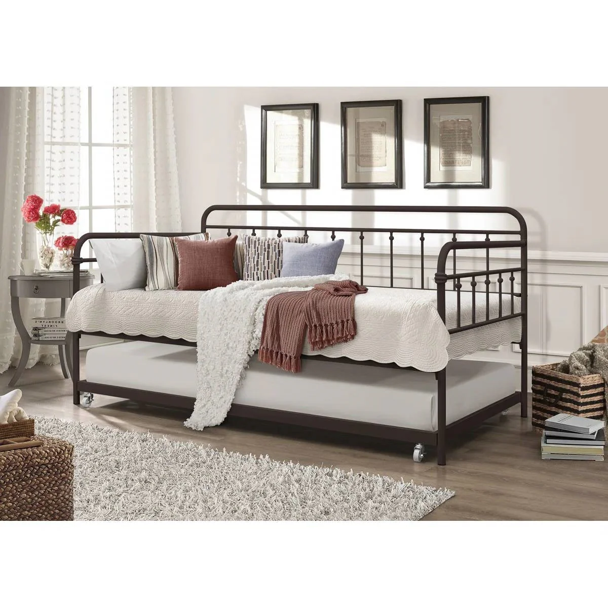 Twin size Rounded Iron Daybed with Roll Out Trundle Bed Frame in Copper Brown - Image 2