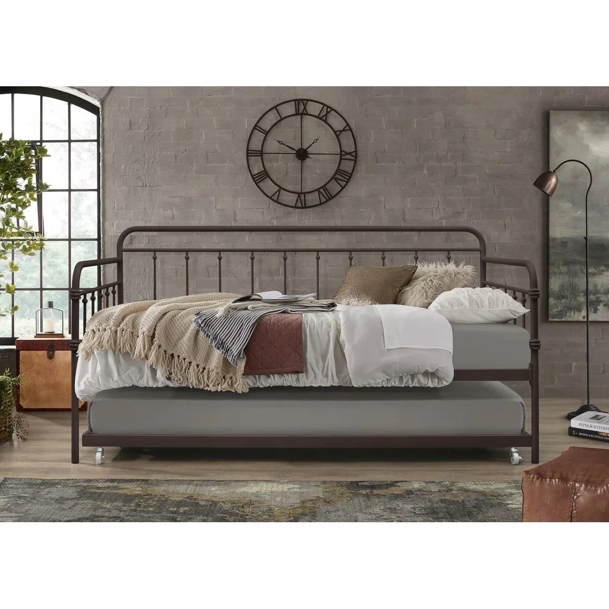 Twin size Rounded Iron Daybed with Roll Out Trundle Bed Frame in Copper Brown - Image 3