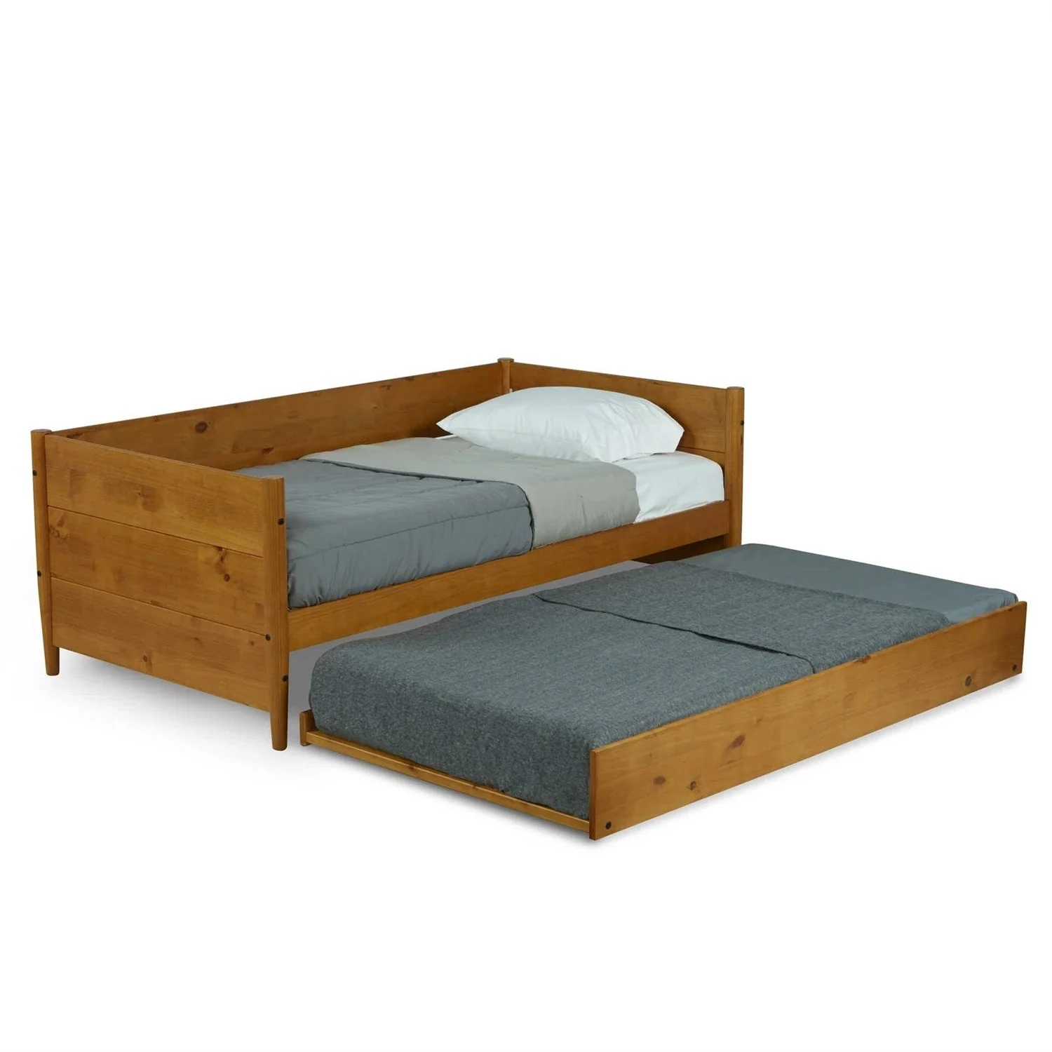 Twin size Solid Wood Daybed with Roll Out Trundle Bed Frame in Medium Brown - Image 2